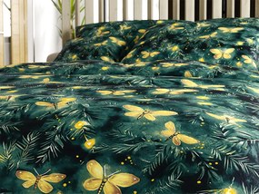Mikroplüss ágyneműhuzat szett YELLOW BUTTERFLY sötétzöld + mikroplüss lepedő SOFT 90x200 cm fehér, egyszemélyes
