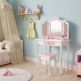 Gyermek kozmetikai asztal hármas tükörrel és zsámollyal