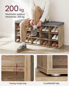 Cipőtartó pad, cipőpolc ülőfelülettel, 30×105×48 cm, türkizbarna–szürke