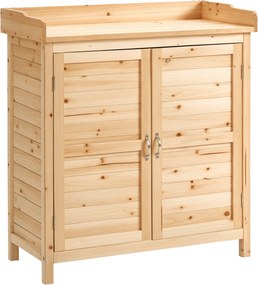 Outsunny Fa Kerti Szekrény Kültéri Tároló Műhely 2 Ajtóval, Polccal és Emelt Lábakkal Teraszra, Patio 83x40x92 cm Természetes | Aosom