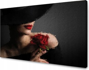 Vászonkép Nő vörös rózsával Piros ajkak Elegancia 70x50 cm