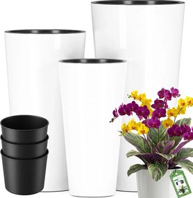 3 db-os Virágtartó Szett Fehér Kerti Virágtartó Kerek Fényes Teraszra Utántöltő