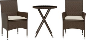 vidaXL 3 részes barna polyrattan/üveg bisztrógarnitúra párnákkal