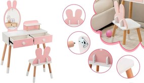 Nyuszis fésülködő asztal gyerekeknek tükörrel, székkel