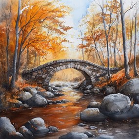 Canvas Vászonkép Tájkép Ősz Erdő Fák Folyó Kőhíd 80x80