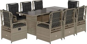 vidaXL 9részes világosszürke polyrattan kerti étkezőgarnitúra párnával