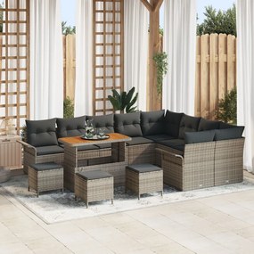 12 részes kerti kanapé szett párnázattal Szürke Poly rattan Akác, 2 fős kerti kanapé tárolóval és párnázattal Szürke Poly rattan, 3 részes kerti étkező szett párnázattal Szürke Poly rattan Akác