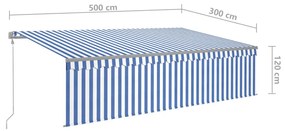 kék és fehér redőnyös, szélérzékelős, LED-es napellenző 5x3 m