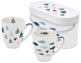 Nyári fehér hal és vitrolás hajó mintás porcelán bögre szett Seaside