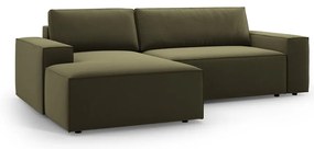 Zöld bársony kinyitható-tárolóhelyes sarokkanapé (bal oldali-heverő résszel) Jodie – Micadoni