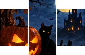 Kép - Fekete macska egy világító halloweeni tök mellett (90x60 cm)