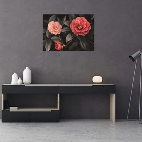 Üveg kép - Vörös virágok sötét háttér előtt (70x50 cm)