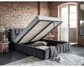 Szürke kárpitozott ágyneműtartós franciaágy ágyráccsal 140x200 cm Lamica – ELTAP