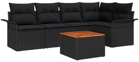 6 Darabos Kerti Sofa Szett Párnákkal Fekete Poli Rattan Akácia
