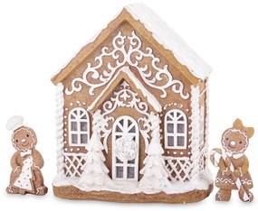 LED-es karácsonyi mécsestartó mézeskalács barna házikó fenyőfával havas tetővel mézeskalács figurákkal asztali dekoráció 23x19x12cm