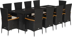 vidaXL 11 részes fekete polyrattan kerti étkezőgarnitúra párnákkal
