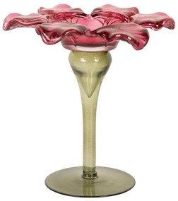 Üveg mécsestartó virágkehely alakú 14x14 cm zöld rózsaszín