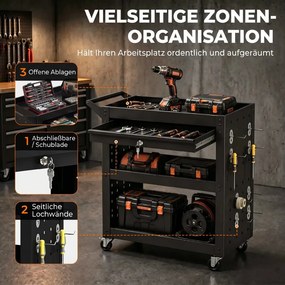 HOMCOM Szerszámos kocsi zárható kerekekkel, gördülő műhelykocsi 3 szinttel, fiókos és peg-fedeles, fekete