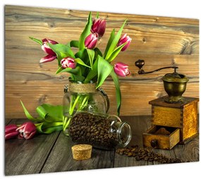 Tulipánok, daráló és kávé képe (üvegen) (70x50 cm)