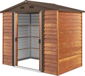 Outsunny Fém Kertészeti Tároló Ház Fa Hatással 3 m² 152 x 235,7 x 208,7 cm Garázs Ferde Tető Ablakkal Kétoldali Csúszó Ajtókkal Időjárásálló Kerti Ház