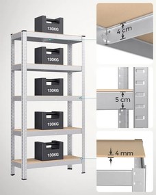 5 szintes polcrendszer, acél polcrendszer tároláshoz, csavarmentes összeszerelés, teherbírás 650 kg, 30 x 75 x 150 cm, ezüst