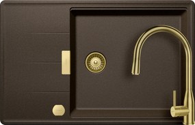 Schock Tia D-100LS konyhai mosogatótálca 780 x 500 mm Cristadur Bronze, bronzbarna és Schock Kavus konyhai csaptelep kihúzható fejjel és szűrőkosár, távműködtető gomb, túlfolyó takaró White Gold