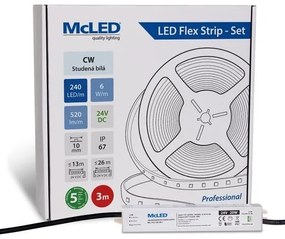 McLED  LED szalag - készlet 3 m, 240 LED/m, CW, 6 W/m, DC 24V, 520 lm/m, CRI90, IP67, 10 mm, Vezető 3 m ML-126.032.90.S03001