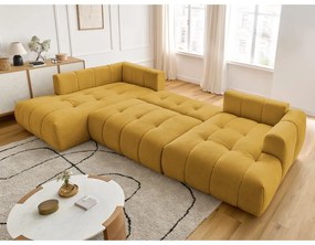 Mustársárga kinyitható-tárolóhelyes sarokkanapé (bal oldali-U alakú) Fuji – Bobochic Paris