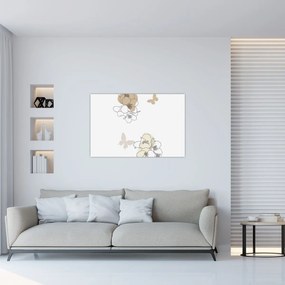 Kép - Bézs virágok pillangóval N⁰2 (90x60 cm)