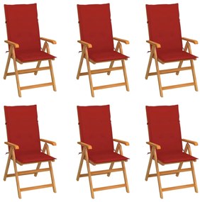 vidaXL 6 db tömör tíkfa kerti szék piros párnákkal