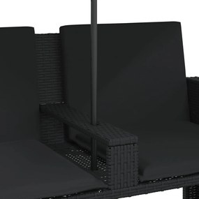 2 személyes fekete polyrattan kerti kanapé napernyővel/székkel