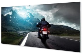 Üvegképek Motorkerékpár hegyi úton férfi ég 100x50 cm 2 fogas