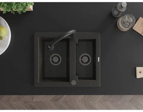 Mexen Carlos, 1,5 kamrás gránit mosogató 582x475x177 mm és Elia mosogató csaptelep, fekete-arany metál, 6518-75-670101-70-B