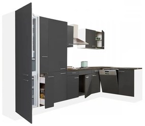 Yorki 370 sarok konyhabútor fehér korpusz,selyemfényű antracit fronttal polcos szekrénnyel és alulfagyasztós hűtős szekrénnyel