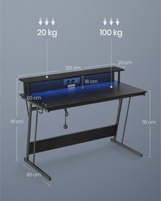 Számítógép asztal, gaming asztal, beépített LED fénnyel és elosztóval, fekete, 60x120x76cm