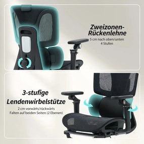 HOMCOM Prémium ergonomikus irodai szék, állítható derék- és fejtámlával, 6D karfákkal, lábtartóval, hálós, fekete