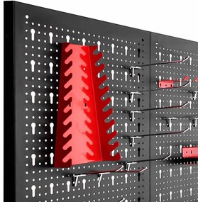 Fém, fali szerszámtartó panel kampókkal és tárolókkal