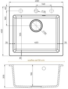 Mosogató Quality Ferrum 50, konyhai gránit mosogató 490x450x195 mm + fekete szifon, brokát, SKQ-FER.B.1K50.XB