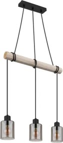 Globo 15465-3H Függeszték fém fekete matt, természetes színű fa, füstszínű üveg, körbetekerhető kábel, HxSzxM: 500x100x1400mm, 3x E27 40W 230V izzók nélkül