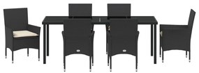 7 részes kerti étkező szett párnákkal fekete polirattannal, Kerti asztal fekete 200x80x73 cm edzett üveggel