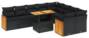 10 részes fekete polyrattan kerti ülőgarnitúra párnákkal