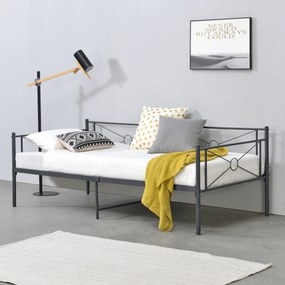 [en.casa] Fémkeretes ágy Alvesta 90x200 cm egyszemélyes dizájn ágykeret fej-és ágyvéggel ágyráccsal acélváz sötétszürke, matt