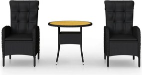 vidaXL 3 részes fekete polyrattan kerti bisztrószett
