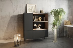 Desin magas komód 120 cm kétajtós fiókkal és nyitott polcokkal - fekete matt / nagano tölgy