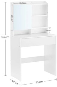 Fésülködőasztal tükörrel, fiókos kozmetikai asztal, fehér