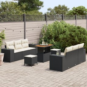 9 darabos kertikanapészett párnákkal fekete poli rattan akáciából, 3 darabos kert étkezőszett párnákkal fekete poli rattan akáciából
