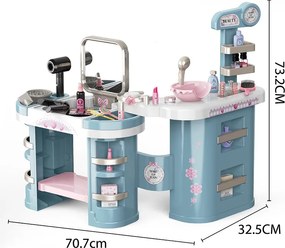 Játék fodrászállomás, elektromos hajszárítóval és hajvasalóval, tükörrel, sminkkiegészítőkkel, több tárolópolccal