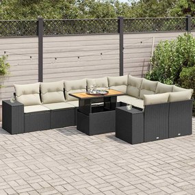 10 részes fekete polyrattan akácfa kerti ülőgarnitúra párnákkal
