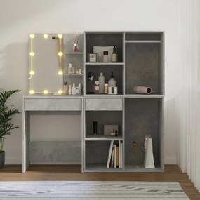 betonszürke szerelt fa LED-es fésülködőasztal 2 szekrénnyel
