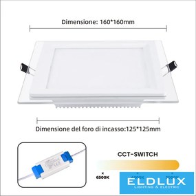 UNIVERSO Négyzet alakú süllyesztett LED panel 12w 1100lm CCT/kap. 120° IP20 Fehér 160x160mm kivágás:125x125mm